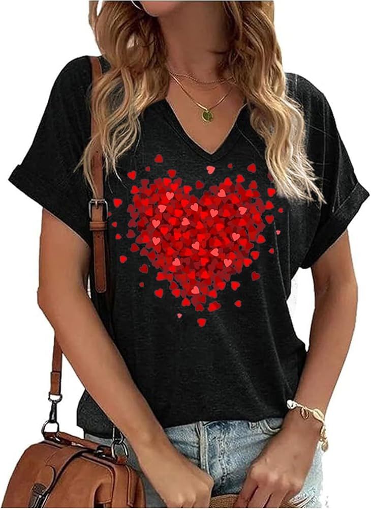 Valentine's Day V Neck T Shirts Womens Funny Double Heart Graphic Shirts Valentines Gift Tshirt S... | Amazon (US)