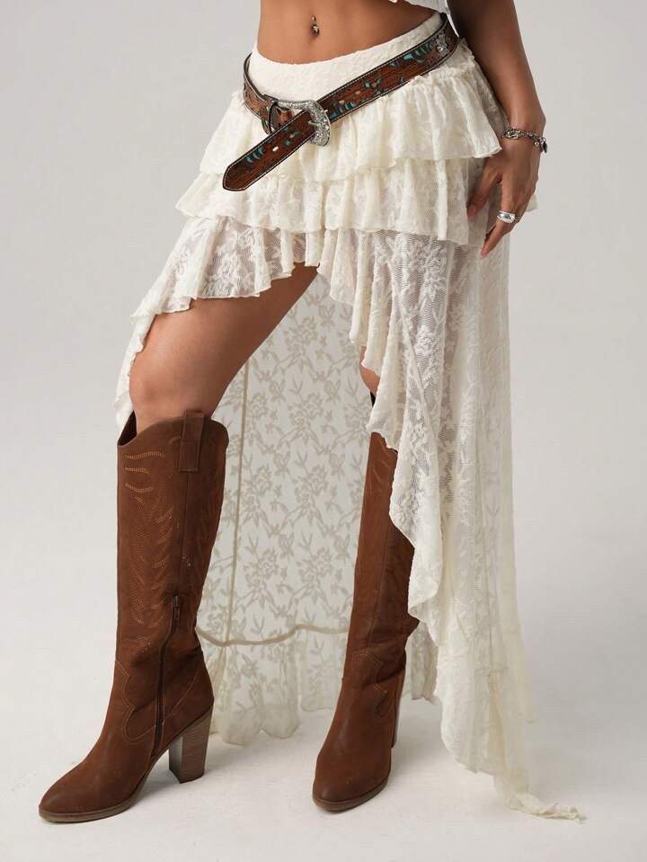 SHEIN ICON Women's Super Low Waist Lace Cake Layered Asymmetric Skirt | SHEIN