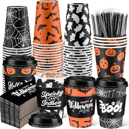 Layhit 100 Sets 12 oz Halloween Disposable Coffee Cups with Lids Sleeves and Stirring Straws Pumpkin Ghost Bat Coffee Paper Cups for Halloween Party Supplies | Amazon (US)