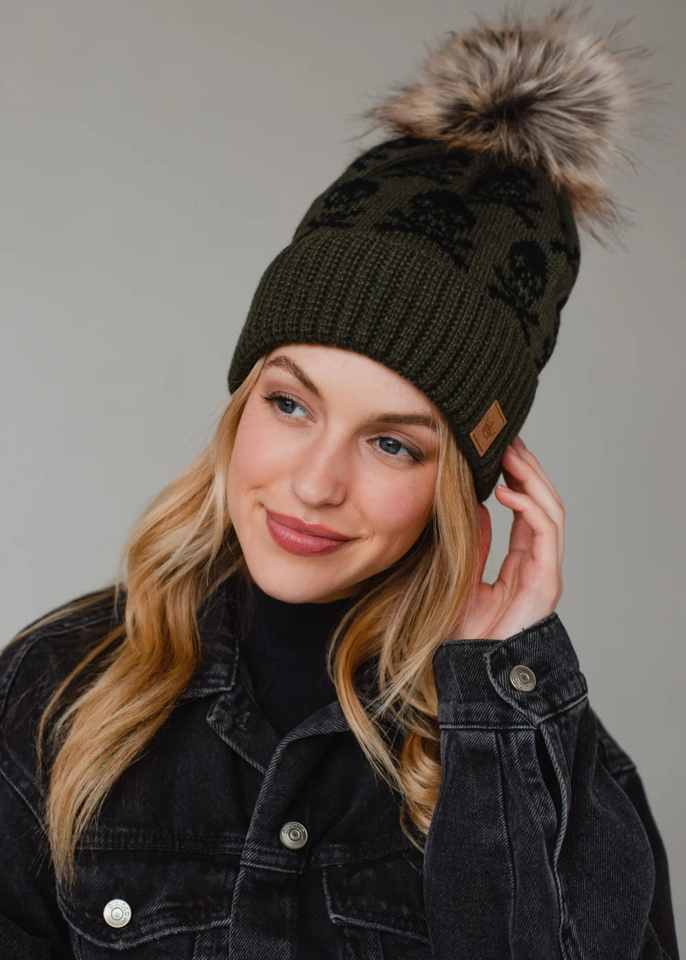 Skull Pattern Pom Hat - Olive | Panache Accessories