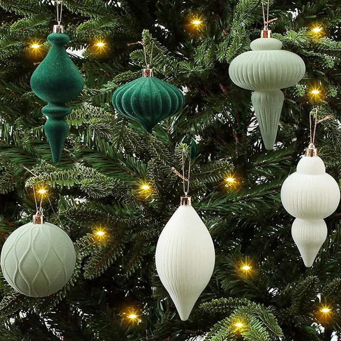 Syhood 6 Pcs Green Velvet Ornaments for Christmas Tree Flocked Matte Shatterproof Finials Christm... | Amazon (US)