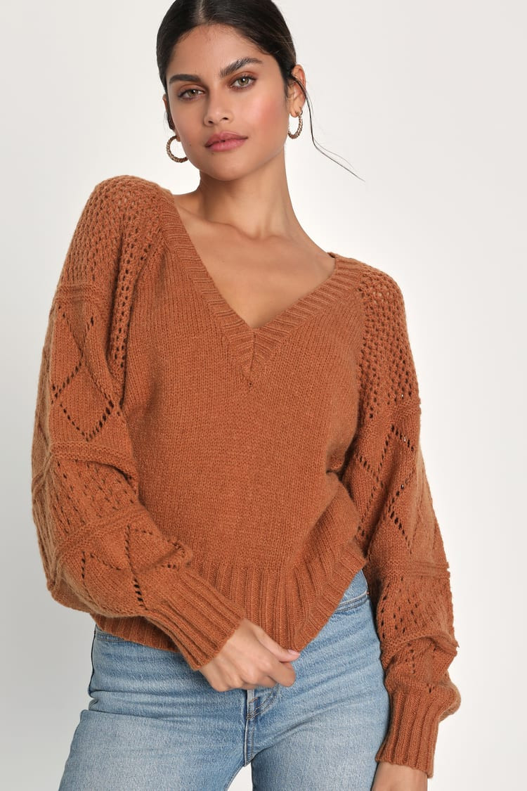 Trend Maker Light Brown Pointelle Knit V-Neck Sweater | Lulus