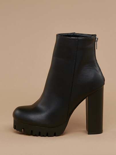 Back Zip Platform Lug Sole Stacked Heel Booties | SHEIN