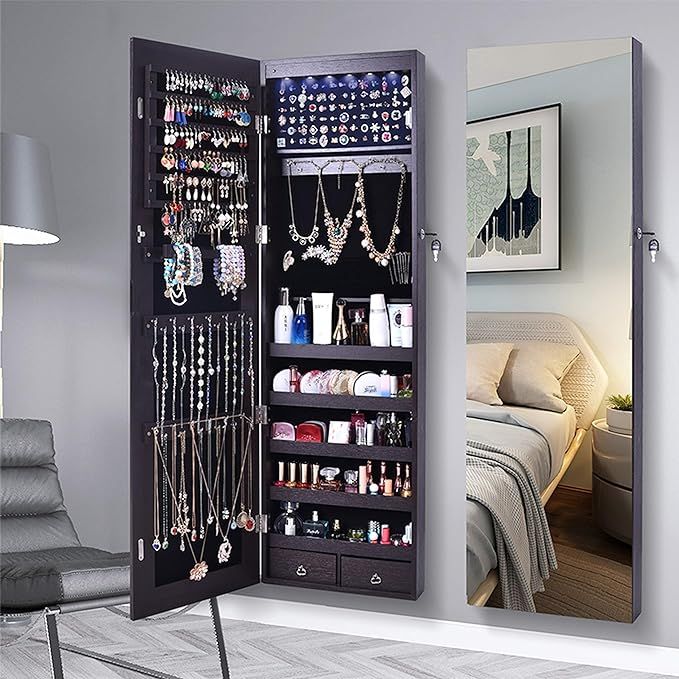 AOOU 6 LED Mirror Jewelry Cabinet Full Screen Display jewelry Armoire Organizer，47.3"H Lockable... | Amazon (US)