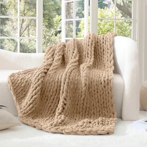 WRENSONGE Chunky Knit Blanket, Dark Beige Large Chunky Knit Throw Blanket for Couch, Bed, 100% Hand Chenille Knitted Throw Blanket, Soft Fluffy Cable Knit Crochet Blanket, 50"x60" Chunky Blanket | Amazon (US)