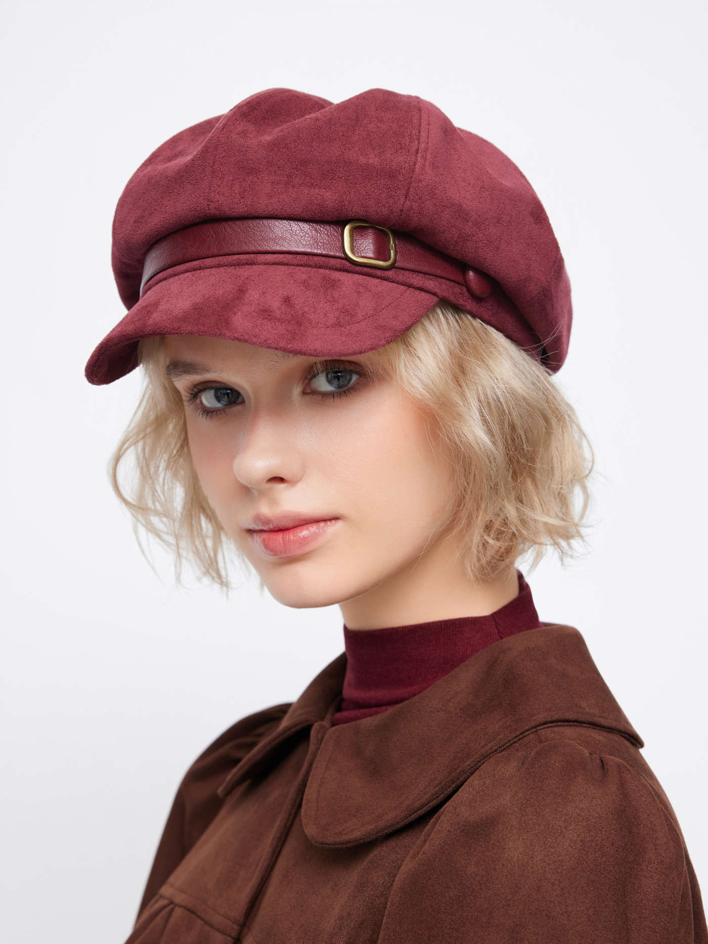 FAUX SUEDE BUCKLE BERET HAT | Cider