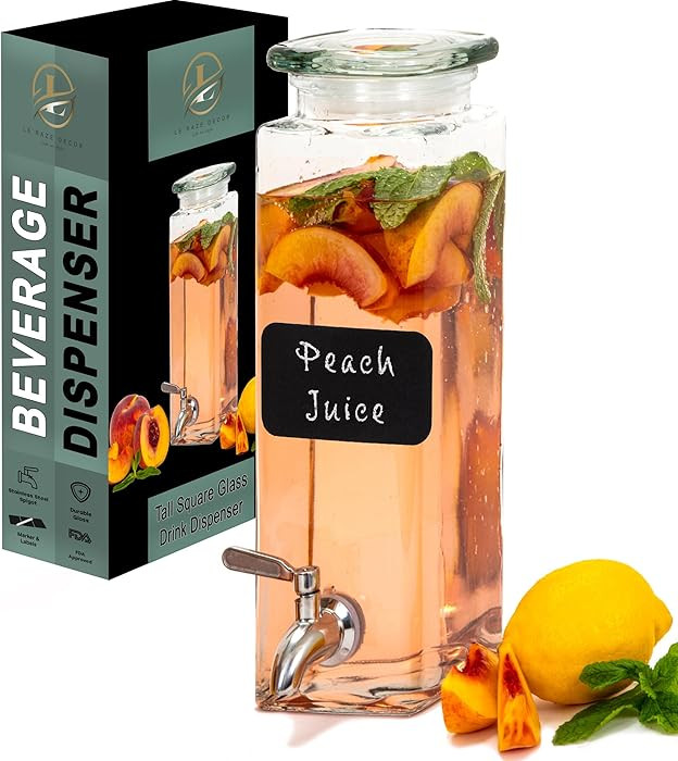 Square Glass Drink Dispenser for Parties - Stainless Steel Spigot + Marker & Label - 100% Leakpro... | Amazon (US)