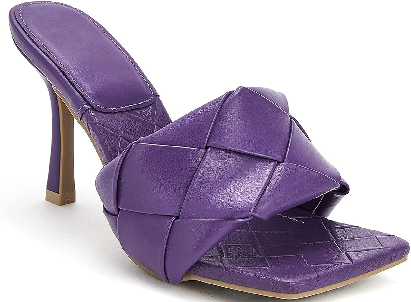 Women's Square Open Toe Heeled Woven Leather Mule Sandals Stiletto Slip On Quilted High Heel Shoe... | Amazon (US)