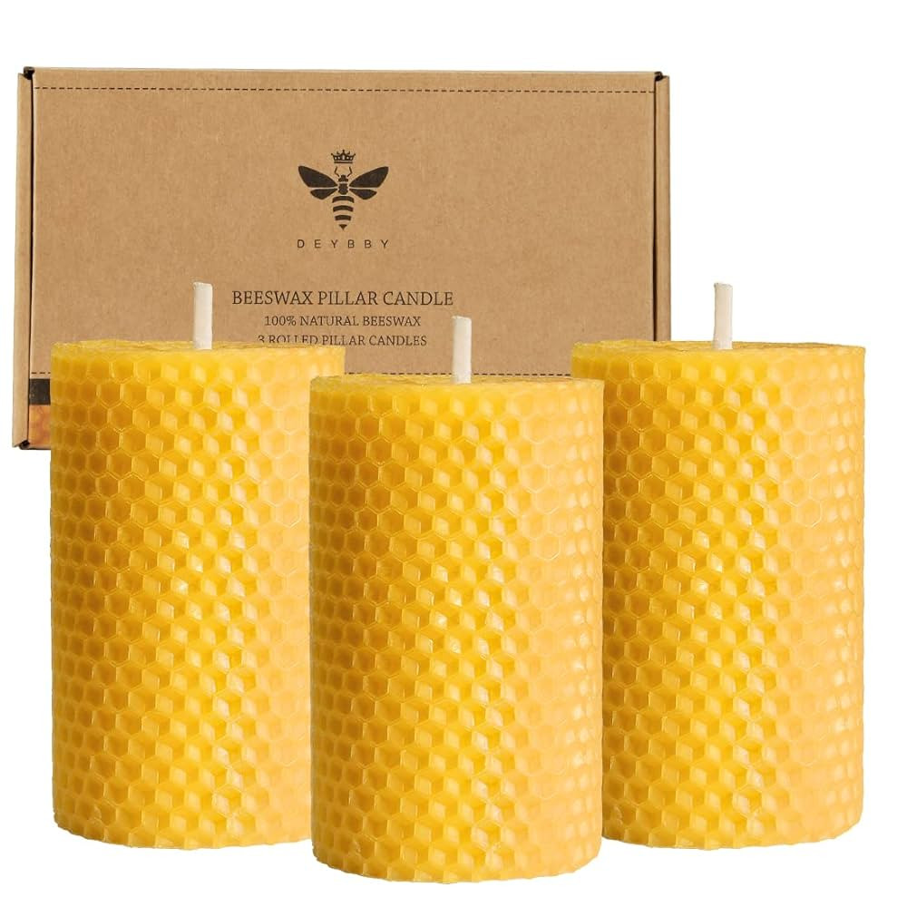 Beeswax Pillar Candles Set of 3 - Handmade Pure Beeswax Rolled Candles for Gift & Home Decor (2×... | Amazon (US)