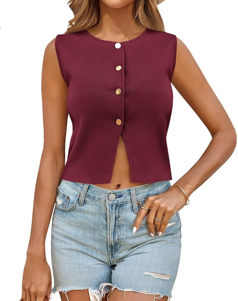 Saodimallsu Womens Sleeveless Cropped Sweater Vest Summer Trendy Knit Crop Tank Tops Crewneck But... | Amazon (US)