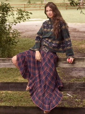 Feelin' Alive Convertible Cotton Midi Skirt - Navy Orange Plaid | Natural Life