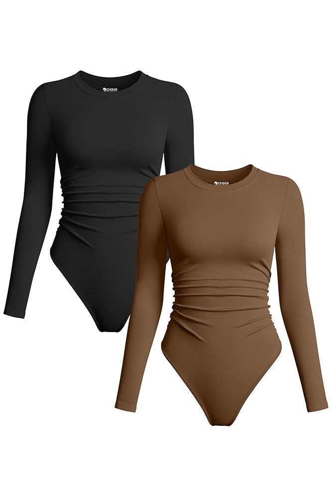 OQQ Womens 2 Piece Bodysuits Crew Neck Long Sleeve Ruched Stretch Fitted Bodysuits | Amazon (US)