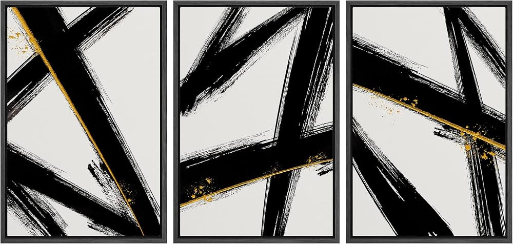 IDEA4WALL Framed Canvas Print Wall Art Set Black Gold Geometric Graffiti Paint Stripes Abstract S... | Amazon (US)