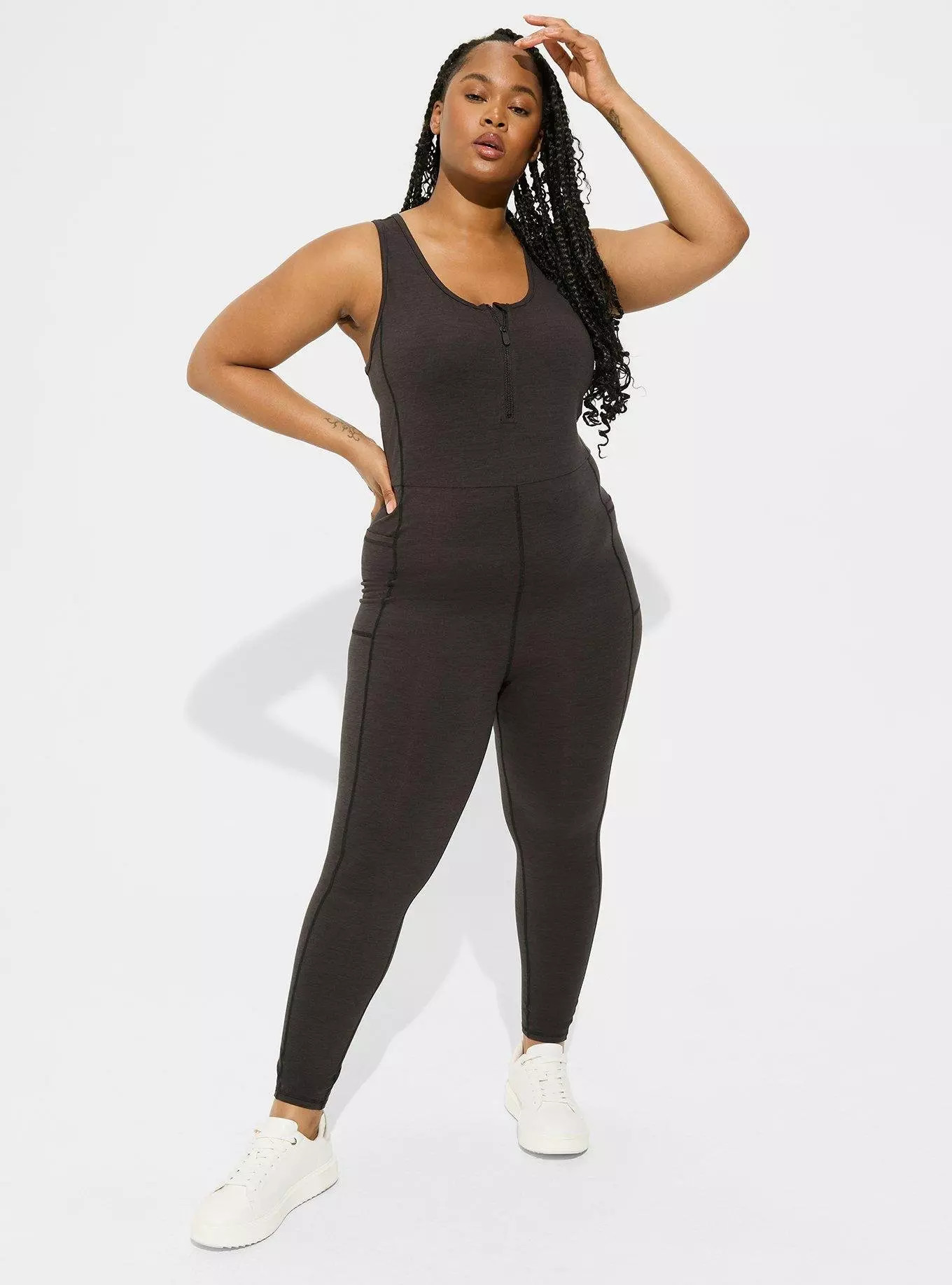 Super Soft Performance Jersey Full Length Active Jumpsuit With Zip | Torrid (US & Canada)