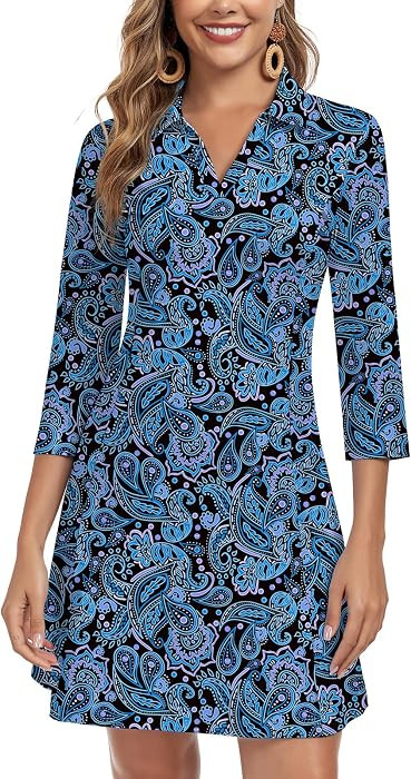 WOWENY 3/4 Sleeve Dress for Women with Pockets V Neck UPF 50+ Casual Sun Dress Breathable Quick D... | Amazon (US)
