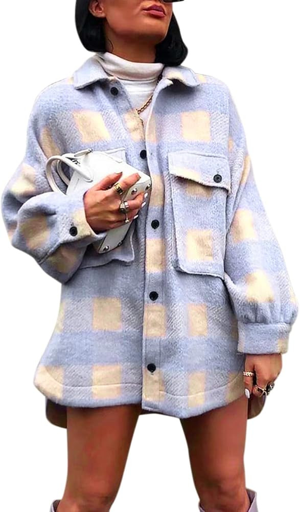 Women Vintage Long Sleeve Lapel Plaid Shirt Pockets Coats Tops Shacket Casual Buttoned Cardigan J... | Amazon (US)