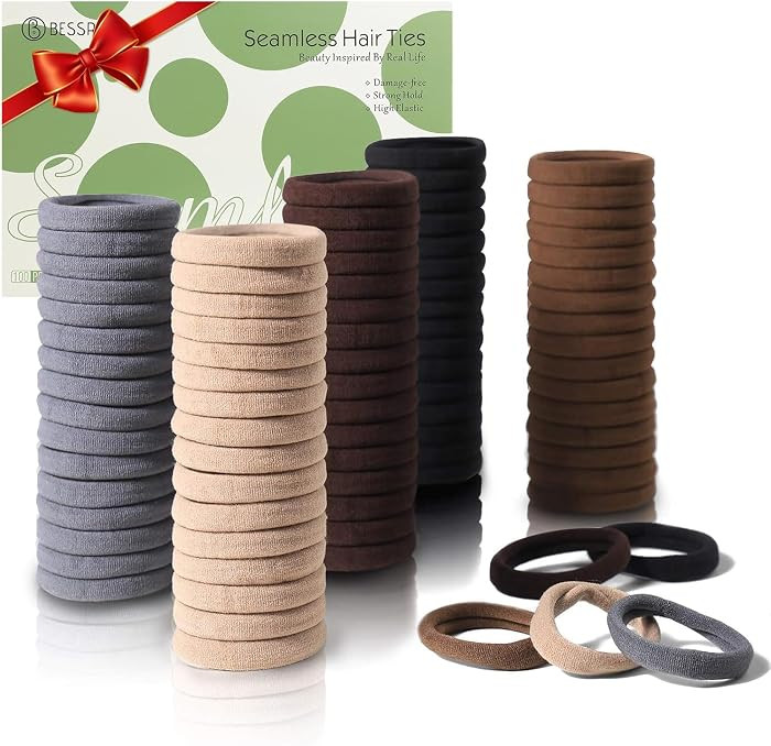 Bessrung 100 Pcs Thick Seamless Brown Hair Ties, Ponytail Holders Hair Accessories for Women Girl... | Amazon (US)