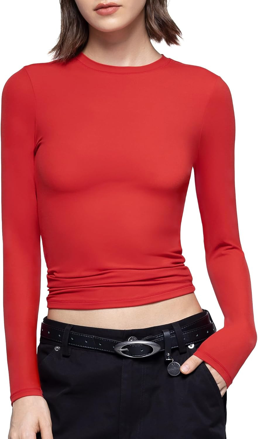 PUMIEY Women's Long Sleeve T Shirts Crew Neck Slim Fit Tops Sexy Basic Tee Smoke Cloud Pro Collection | Amazon (US)