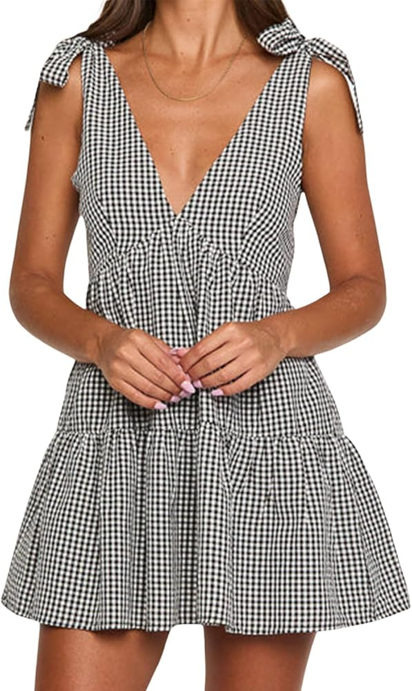 Women Y2k Mini Dress Casual Tie up Shoulder Sleeveless Plaid Gingham Backless A-line Dress for Pa... | Amazon (US)