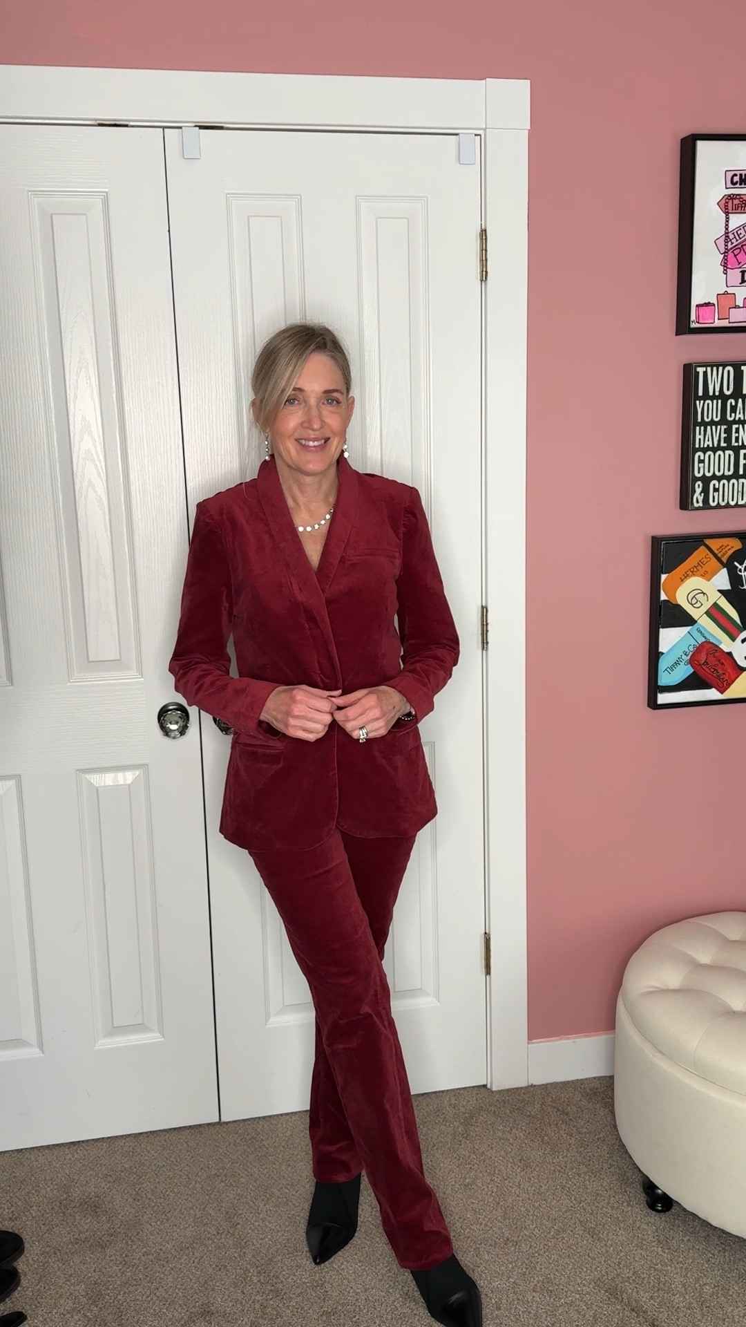 Holiday party outfit. Crimson velvet blazer and pants from NYDJ and currently 40% off. Both fit true to size - wearing XS in blazer and 00 in pants. 

Christmas outfit, party outfit, workwear, holiday outfit, holiday party outfit, festive outfit, velvet outfit, cyber Monday sale

#LTKCyberWeek #LTKOver40 #LTKHoliday