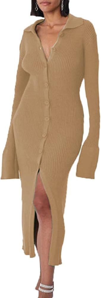 Cinyifaan Women's Casual Off Shoulder Long Sleeves Slim Knit Bodycon Sweater Dress Midi Pencil Dress | Amazon (US)