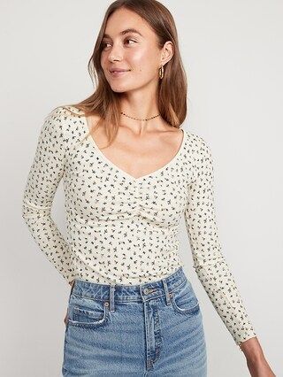 Long-Sleeve Floral Ribbed Slub-Knit Cinched-Front Top for Women | Old Navy (US)