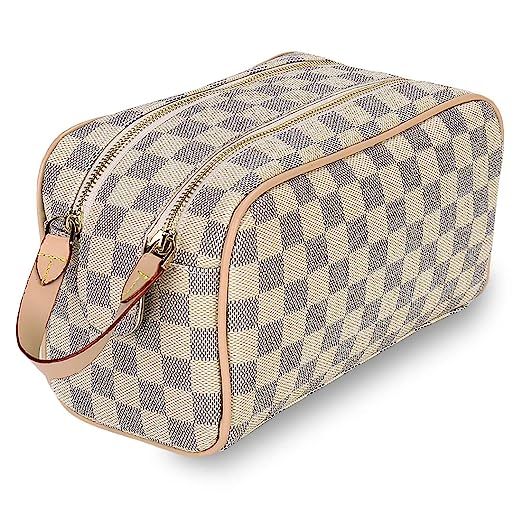 Luxury Checkered Cosmetic Bag Two-Zipper Make Up Bag PU Leather Toiletry Travel Bag for Women,Cream | Amazon (US)