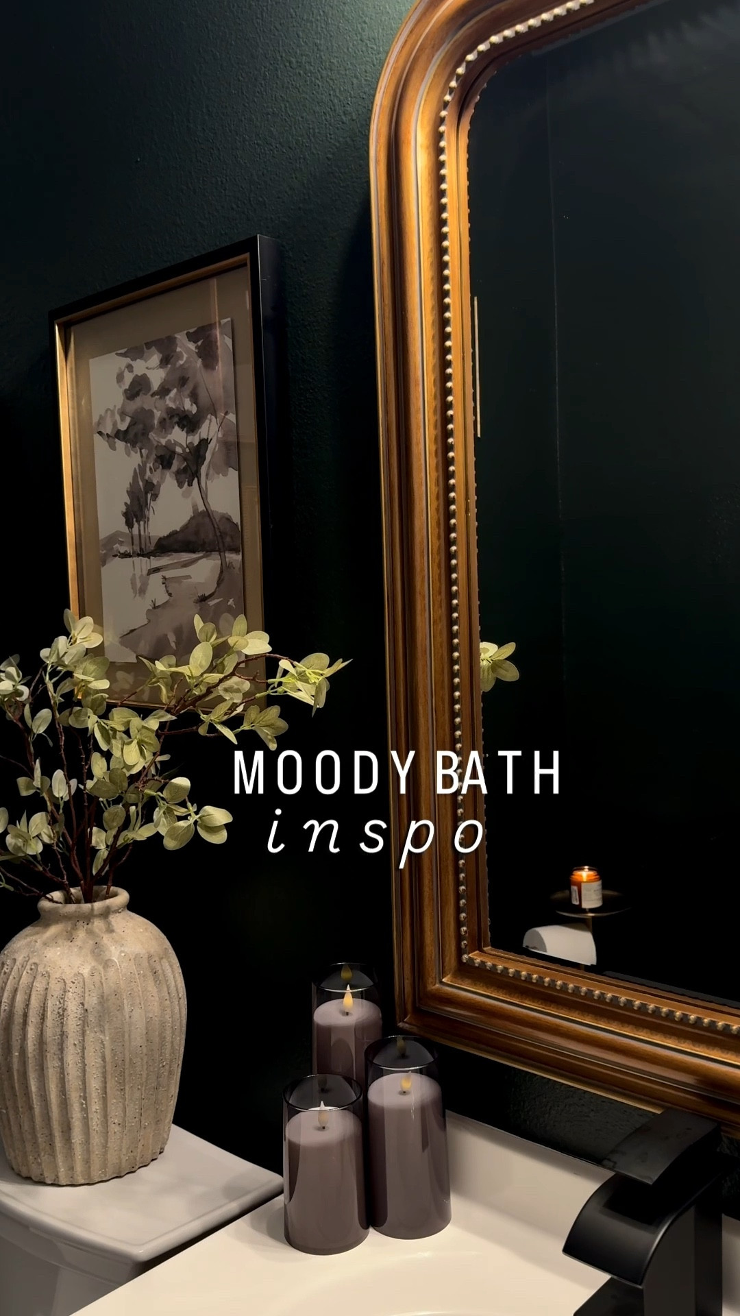Moody powder bath.. a few favorites are back in stock 🔥
Paint color: SW Jasper 

Moody bathroom, Powder bath, Amazon bathroom finds, guest bathroom master bathroom, easy bathroom upgrades, gallery wall, framed art, vintage inspired gallery wall, target home decor, Amazon home finds 

#LTKHome #LTKSaleAlert