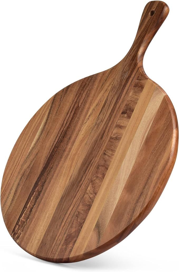 KITEISCAT Acacia Wood Round cutting board with handle 16” x 12”– Round Pizza Paddle & Cutti... | Amazon (US)