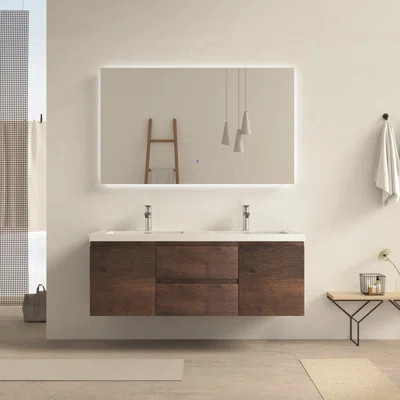 60" Double Rose Wood Bathroom Vanity Wall-mounted Floating vanities with Gloss White Resin Stone Top,2 Drawers 2 Door Modern | Wayfair North America