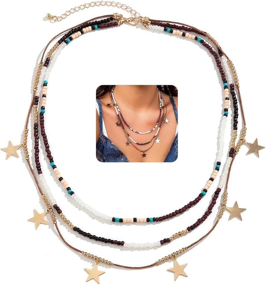 GIGB PBDK Bohemian Layered Rice Bead Necklaces,Retro Star Butterfly Colored Wax Rope Choker Neckl... | Amazon (US)