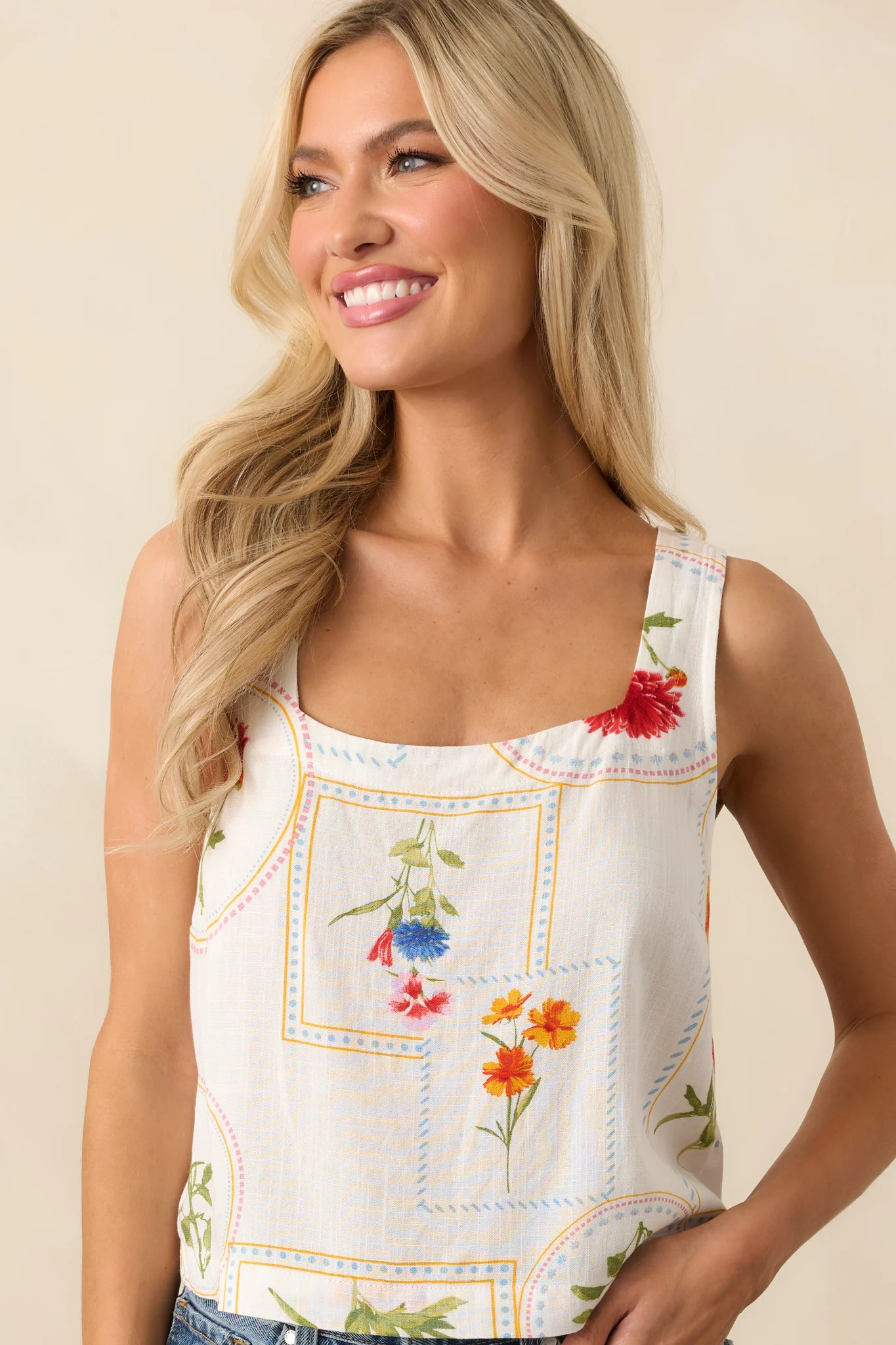Carried By The Wind Ivory Floral Patchwork Sleeveless Top | Red Dress