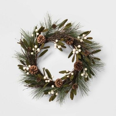 18in Christmas Green Felt Leaves White Berries Pinecones Artificial Wreath - Wondershop™ | Target