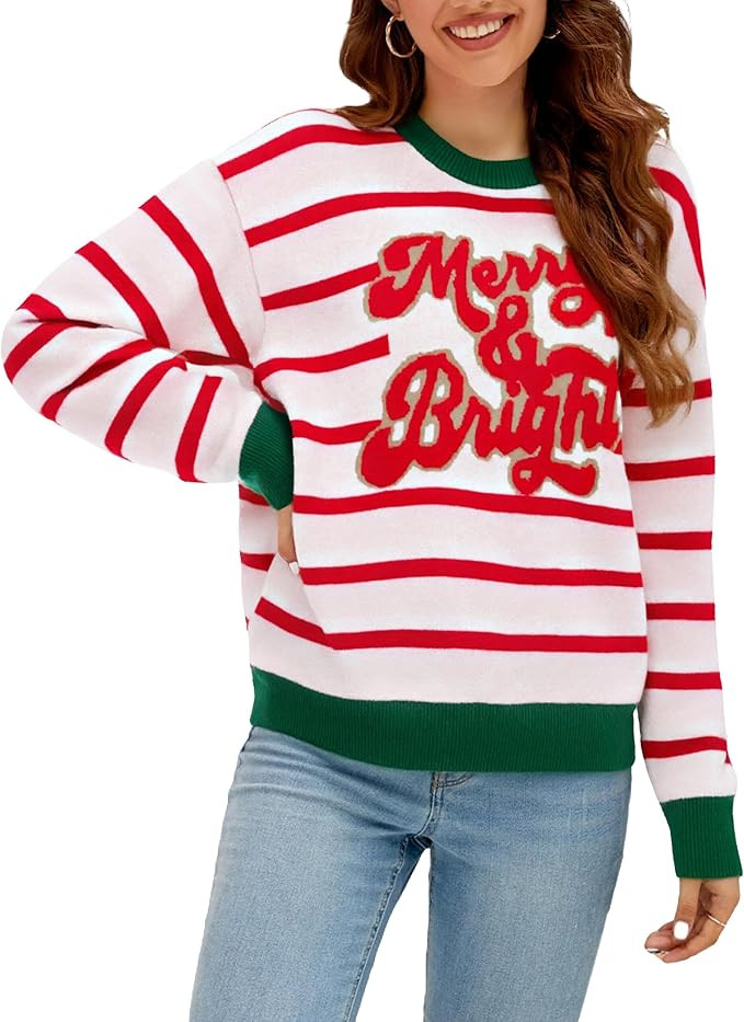 Christmas Sweaters for Women Merry and Bright Shirts Embroidered Graphic Sweater Xmas Striped Pul... | Amazon (US)