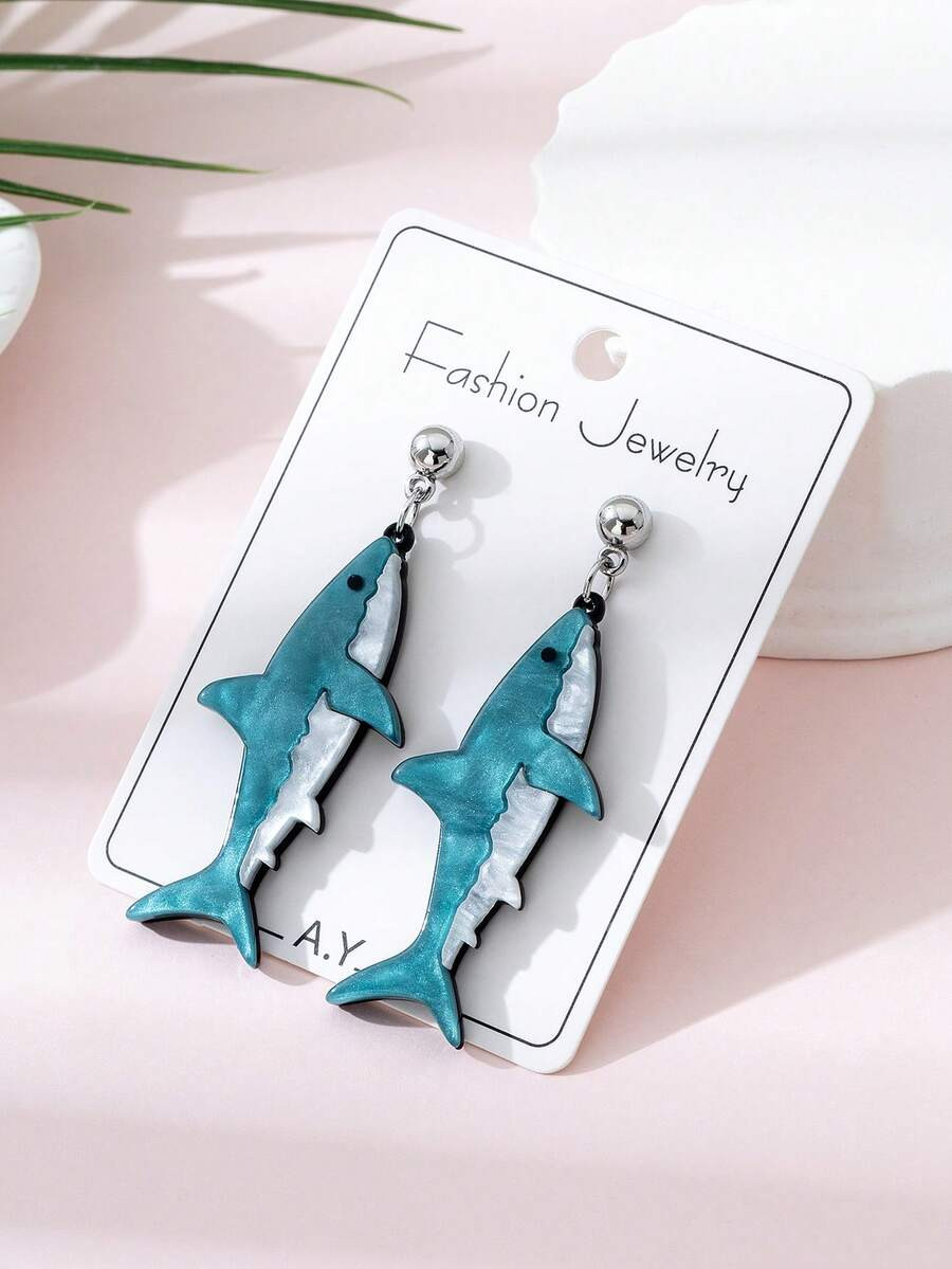1 Pair Cute Shark Design Beach Holiday Jewelry Earrings For Women, Perfect Gift For Party & Vacat... | SHEIN