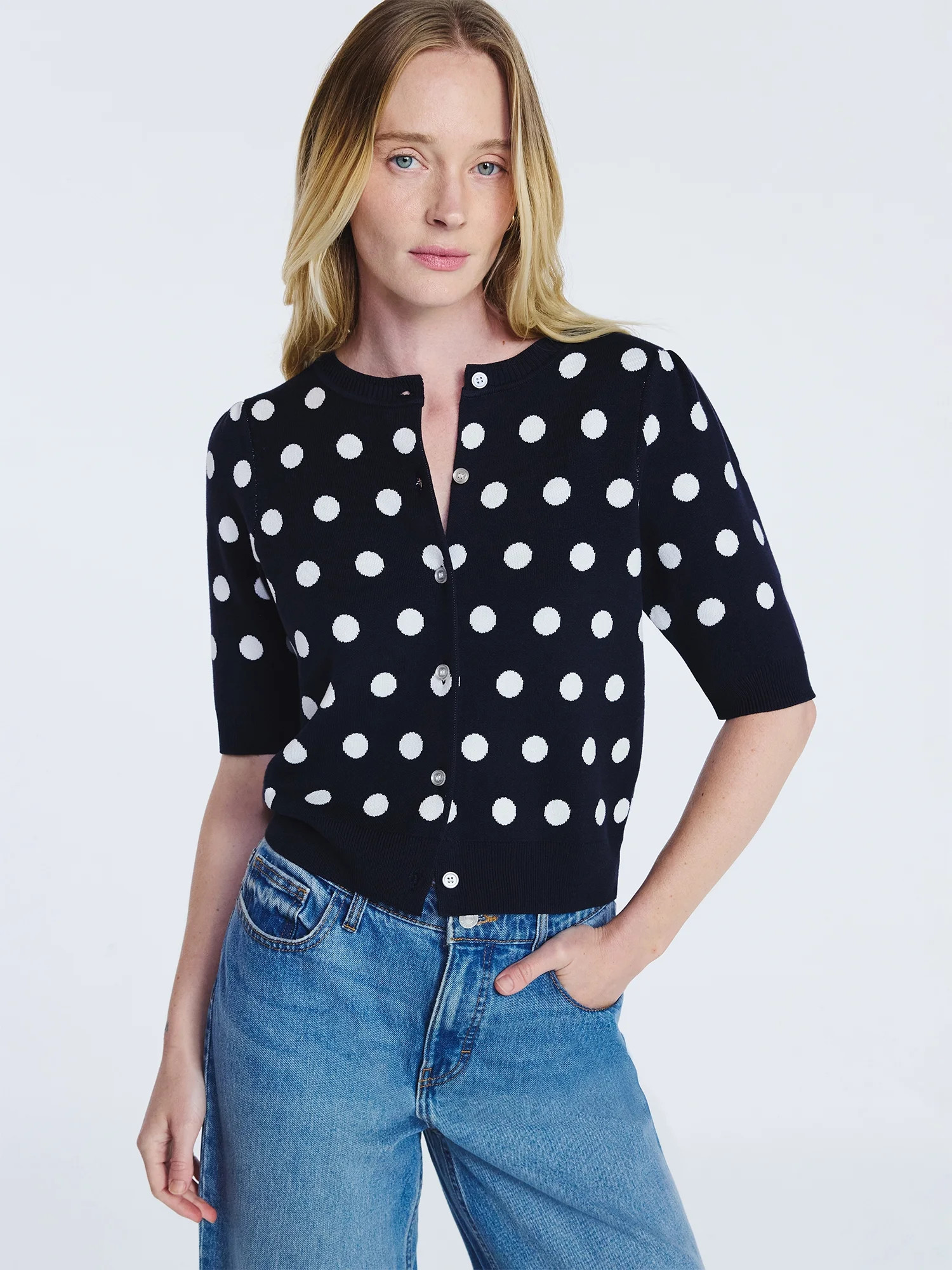 Free Assembly Women's Cardigan Sweater with Short Puff Sleeves, Lightweight, Sizes XS-XXL | Walmart (US)