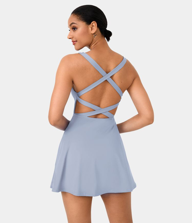 Women’s Crisscross Backless Plain 2-Piece Barre Ballet Dance Flared Dress-Venus - HALARA | HALARA