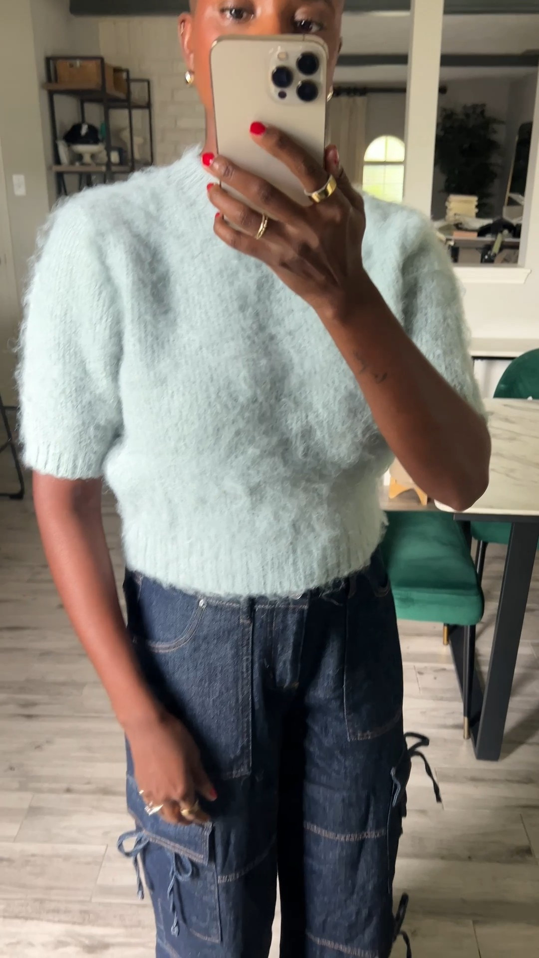 Successful try on! Fuzzy sweater in soft blue, wide leg cargo denim with pocket ties. Such a cool design! Each piece is under $30! 

#LTKWorkwear #LTKFindsUnder50 #LTKTravel