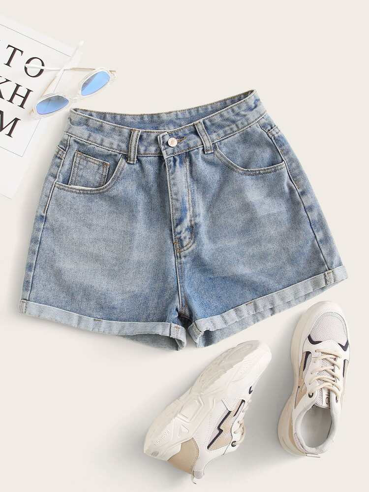 Plus Rolled Hem Bleach Wash Denim Shorts | SHEIN
