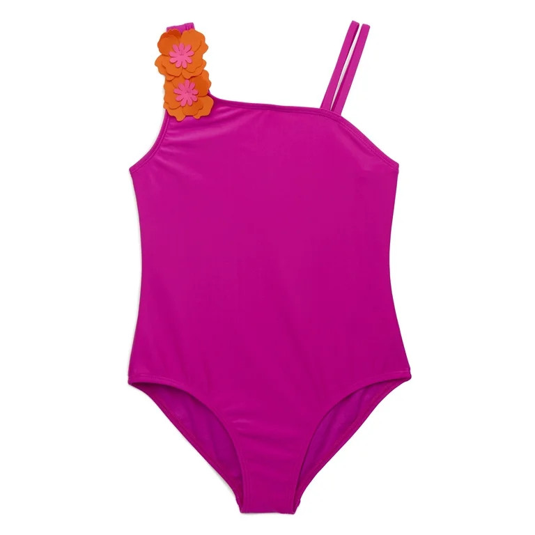 Wonder Nation Girls Floral Applique One-Piece Swimsuit with UPF 50, Sizes 4-16 | Walmart (US)