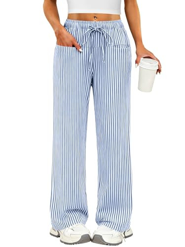 ANRABESS Womens Striped Gingham Pants 2026 Pajama Drawstring Wide Leg Lounge Plaid Pants Cute Cas... | Amazon (US)