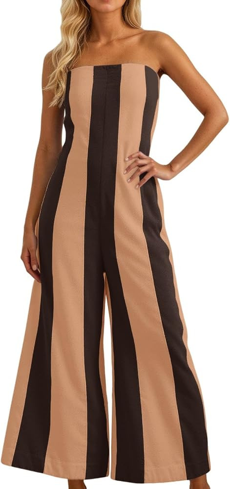 Comfy Wide Leg Jumpsuits for Women Summer Casual Linen Strapless Striped Romper Loose Sleeveless ... | Amazon (US)