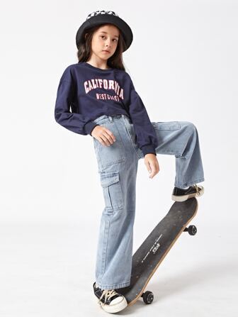 SHEIN Kids EVRYDAY Girls High Waist Flap Pockets Cargo Jeans | SHEIN