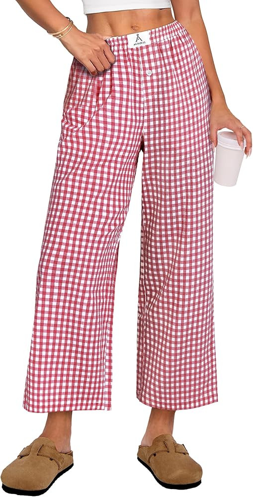 ANRABESS Women Striped Gingham Palazzo Cropped Pants Wide Leg Pajama Lounge Pant Plaid PJ Bottoms... | Amazon (US)