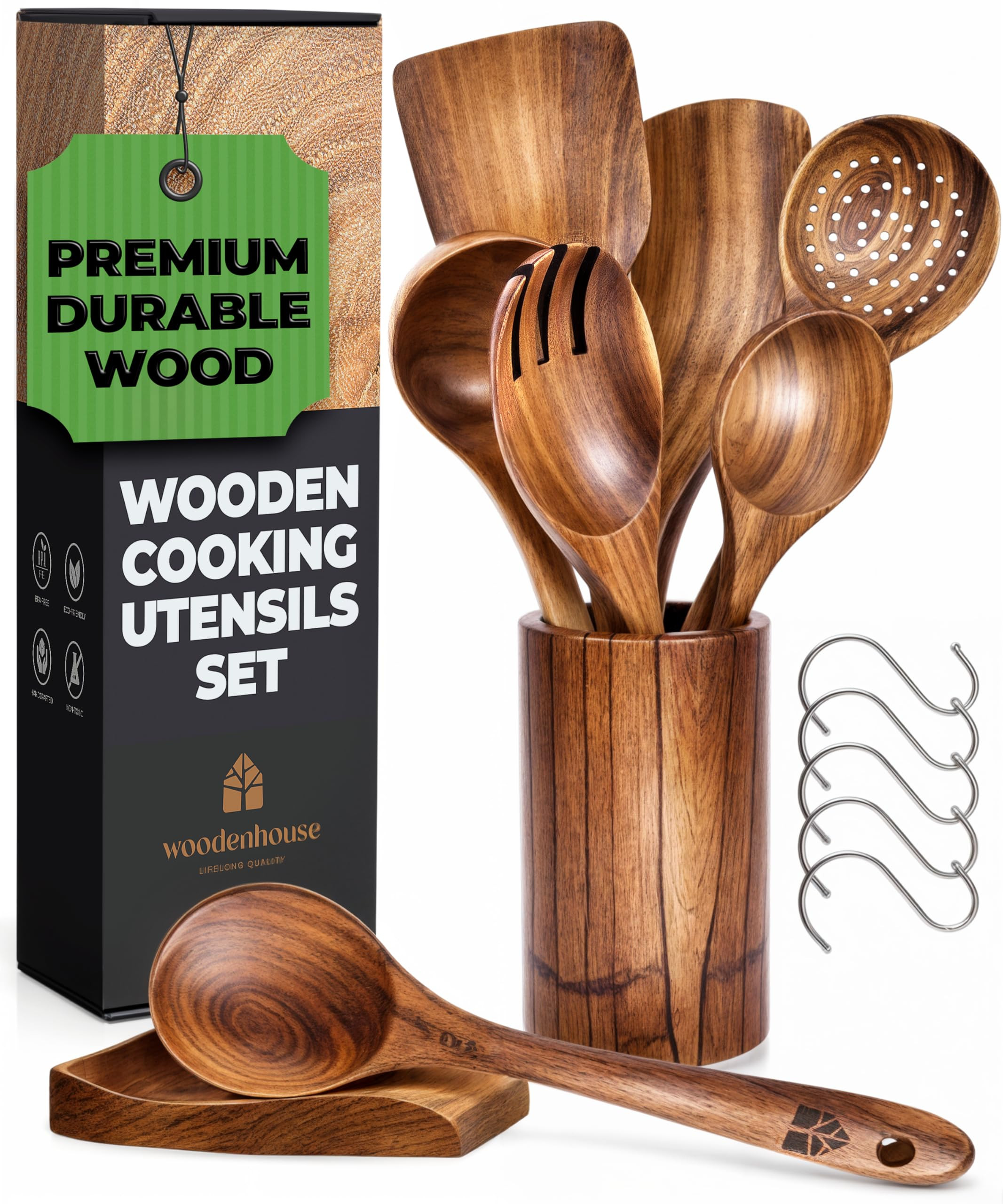 Wooden Utensil Set, Wooden Spoons for Cooking, Wooden Cooking Utensils Set with Holder, Spoon Res... | Amazon (US)