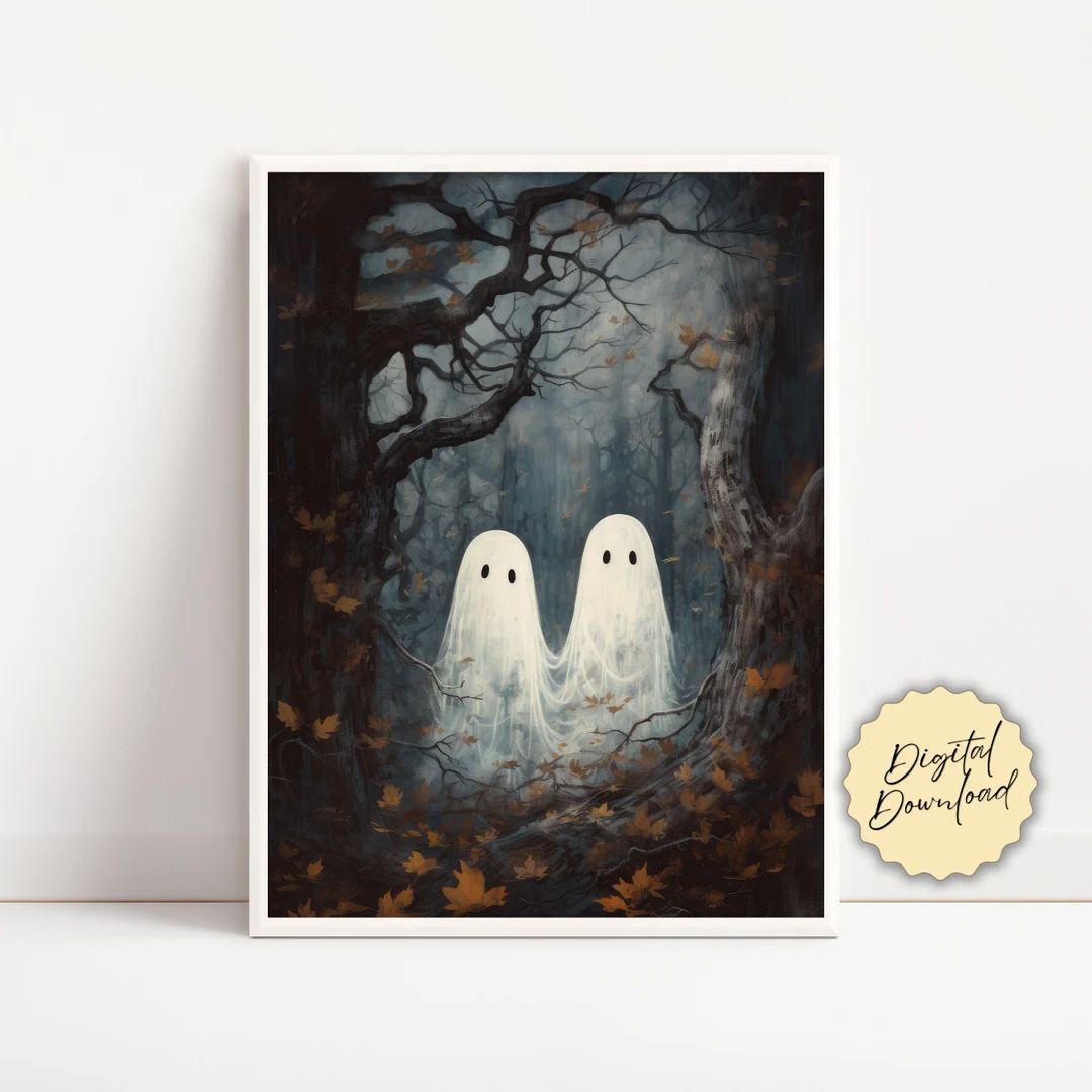 Ghosts Art Print, Halloween Art Print, Halloween Decor, Cute Ghosts in Woods, Spooky Trees Hallow... | Etsy (US)