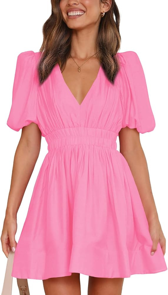 Women 2025 Summer Mini Dress Puff Short Sleeve Sexy V Neck A Line Elastic High Waist Flowy Swing ... | Amazon (US)