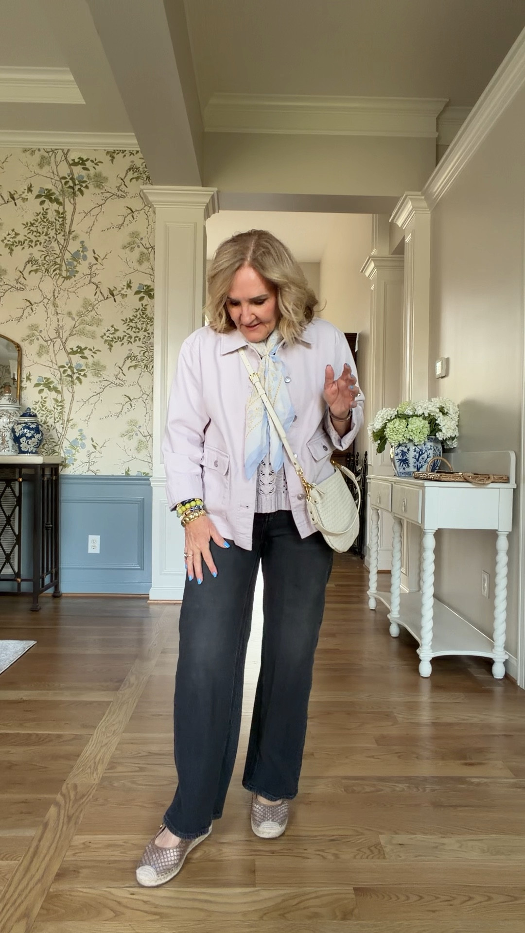 Lilac and soft grey 
Jeans size 29 waist 28 inseam 
Lightweight barn jacket size medium petite vest size medium 
Bracelet 20% off code NANETTE20

#LTKspring #LTKOver40 #LTKSaleAlert