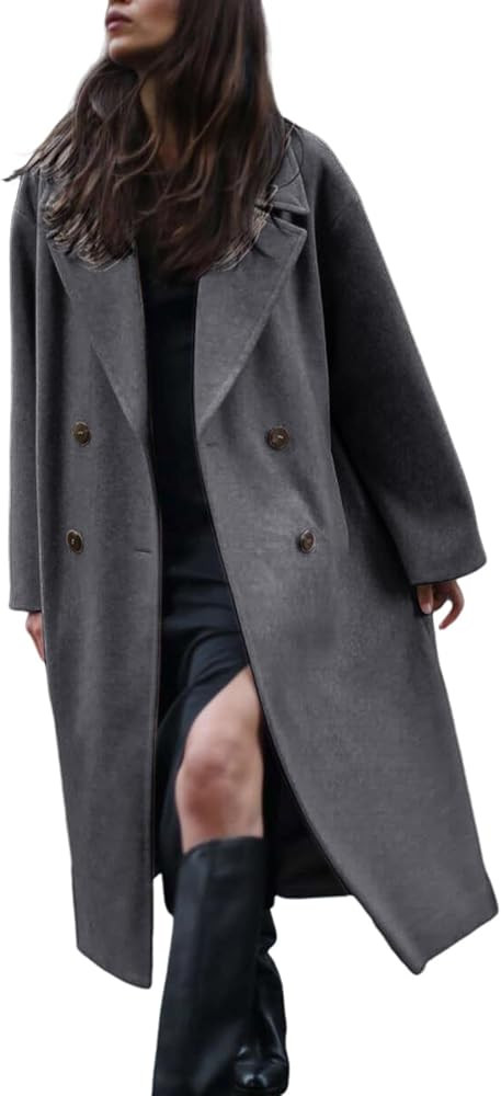 Gihuo Women's Notched Collar Wool Blend Pea Coat Winter Double Breasted Trench Coat Long Oversize... | Amazon (US)