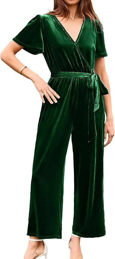 BerryGo Women's Velvet Jumpsuits For Women Dressy V Neck Short Sleeve Belted One Piece Fall Wide ... | Amazon (US)